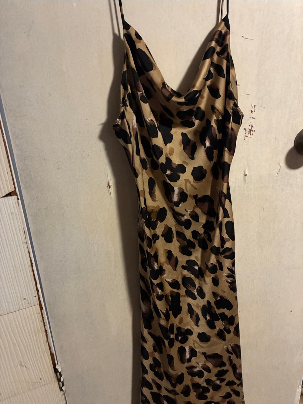 Leopard Print Slip Dress with Cowl Neck - Tan/Black